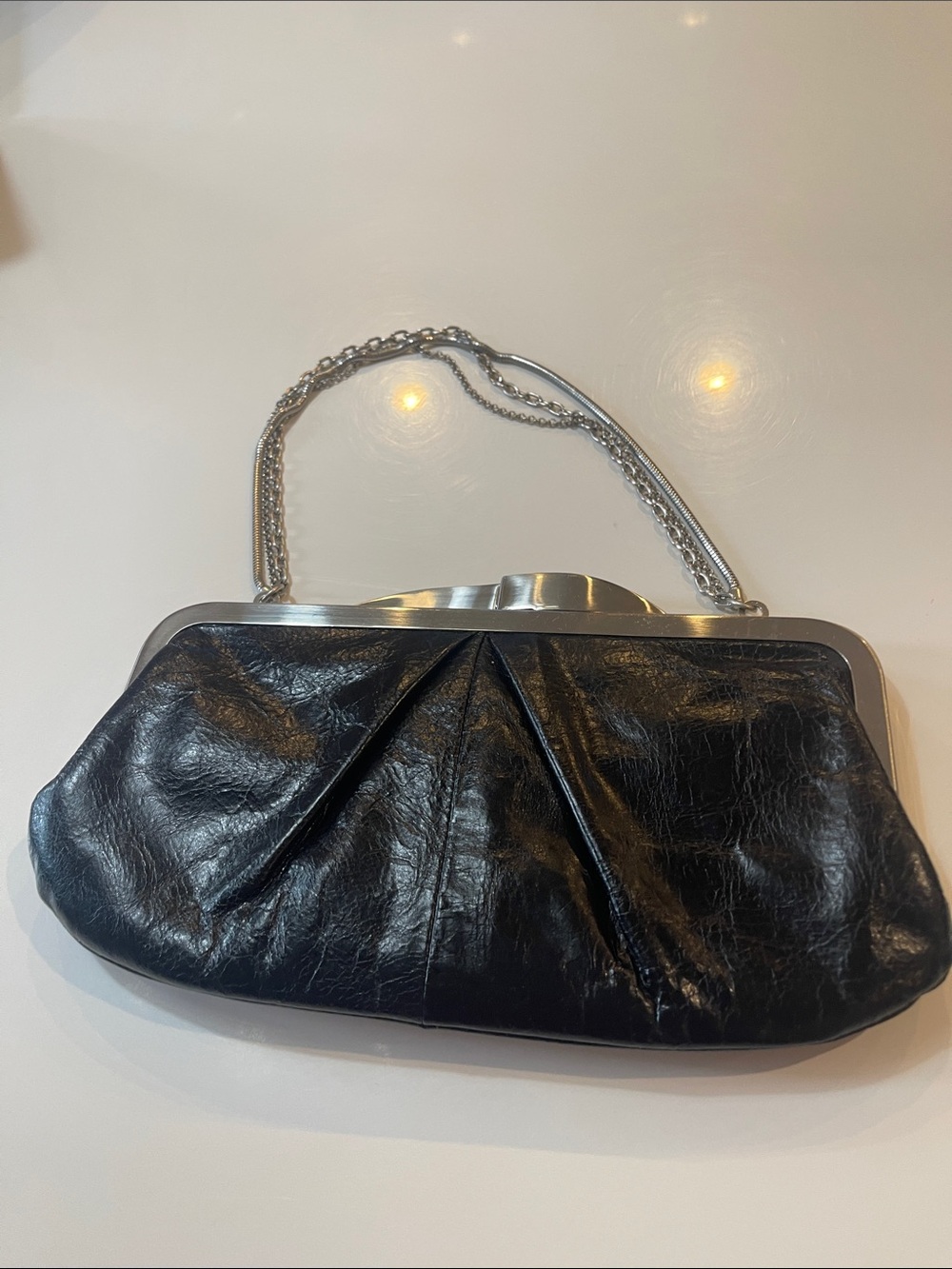 Classic Black Leather Chain-Handle Clutch